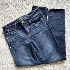 American Eagle jeans Skinny Stretch mid rise dark wash gold stitching size 8